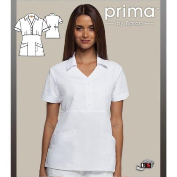 Prima™ by Barco 41418 Women's 3-Pocket Collar Button Front Scrub Top White - Picture 1 of 3